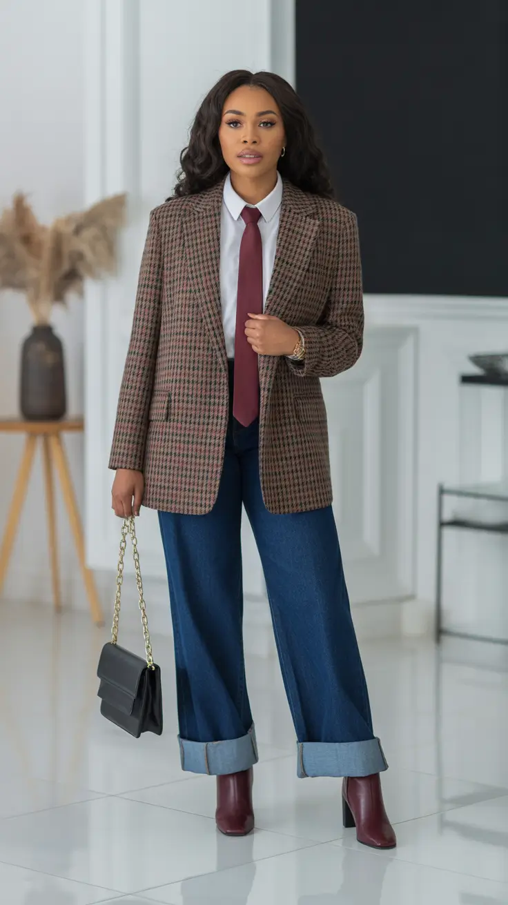 modern spring blazer outfits 2026 Houndstooth Blazer With Wide-Leg Denim