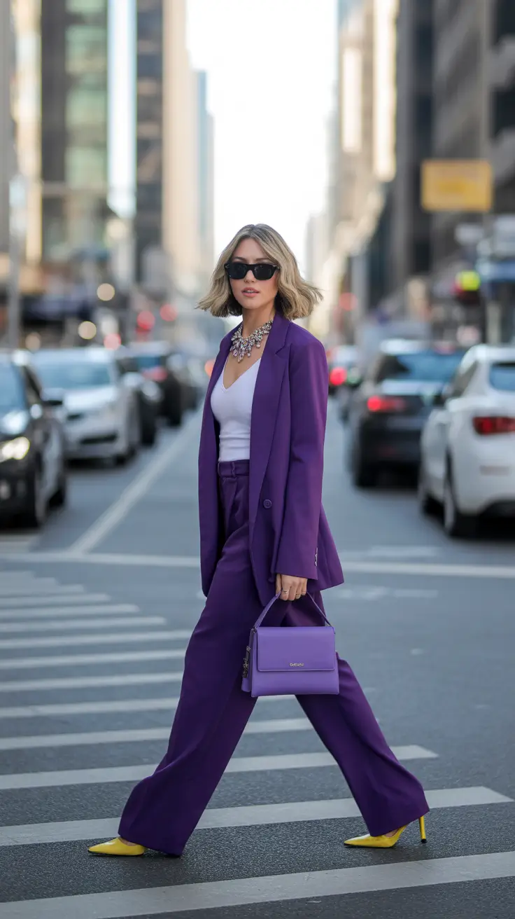 modern spring blazer outfits 2026 Vibrant Purple Suit With Bold Accessories