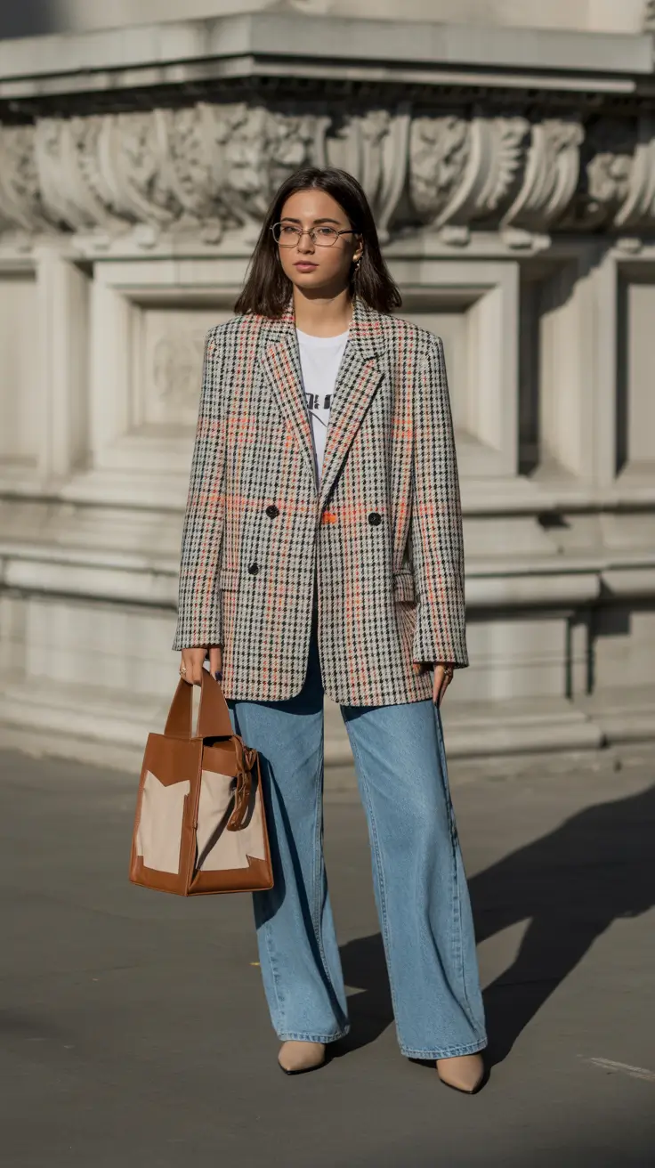 modern spring blazer outfits 2026 Houndstooth Oversize Blazer With Everyday Denim