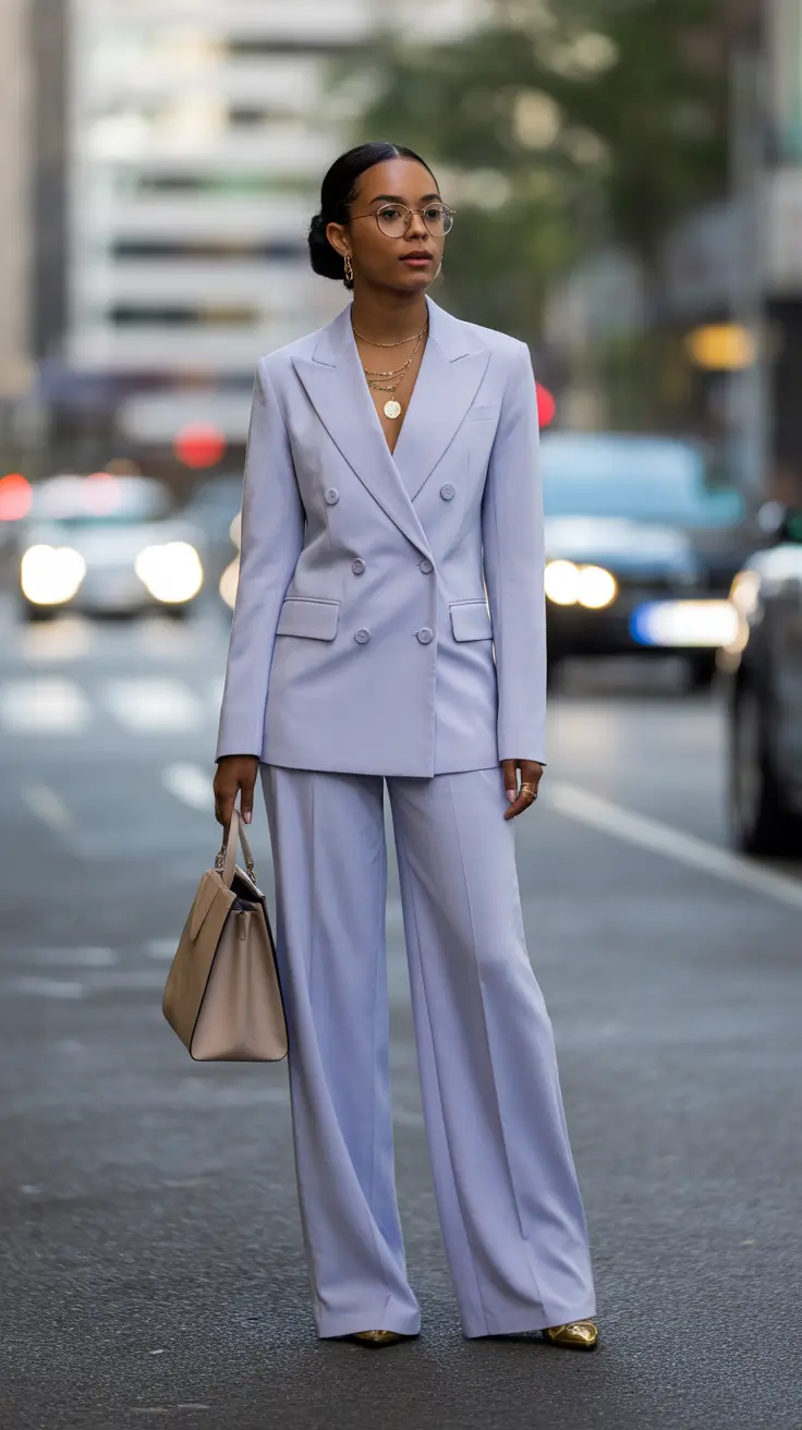 modern spring blazer outfits 2026 Soft Lavender Suit With Gold Accents