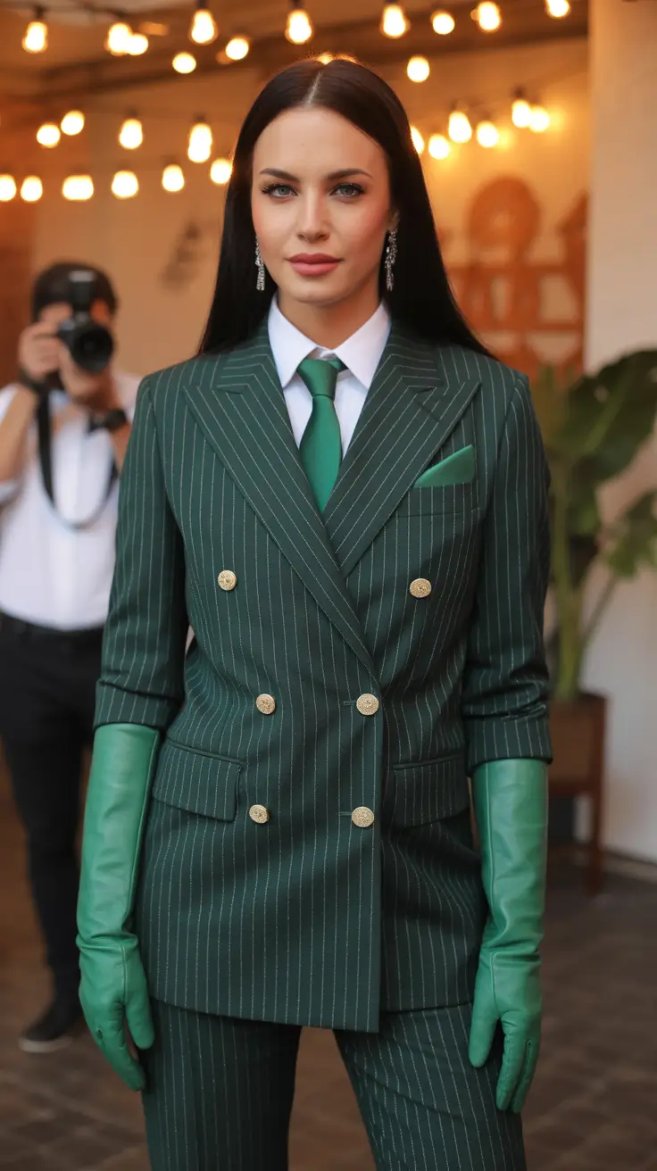 modern spring blazer outfits 2026 Emerald Pinstripe Power Suit With Green Accents