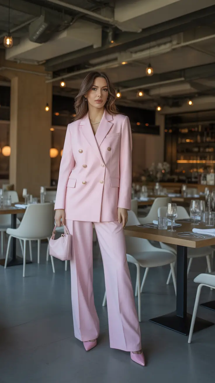 modern spring blazer outfits 2026 Soft Blush Double-Breasted Suit