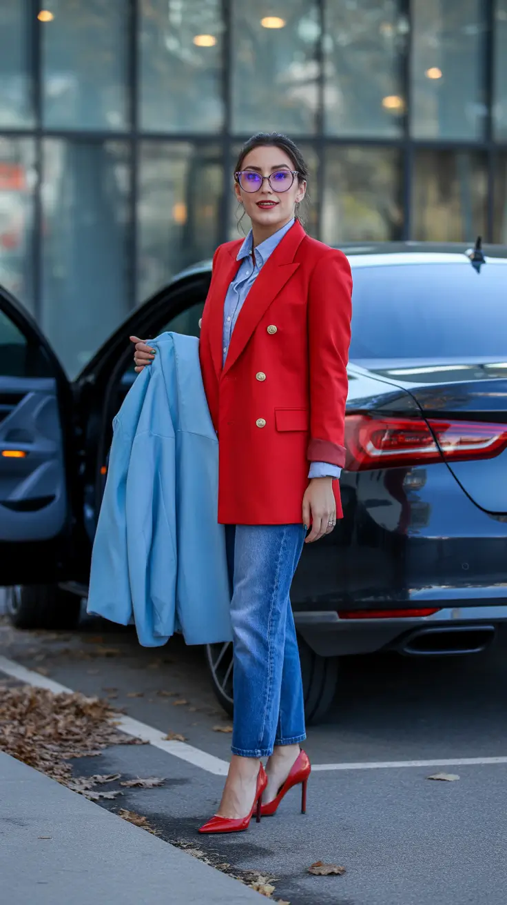 modern spring blazer outfits 2026 Red Power Blazer With Denim Balance