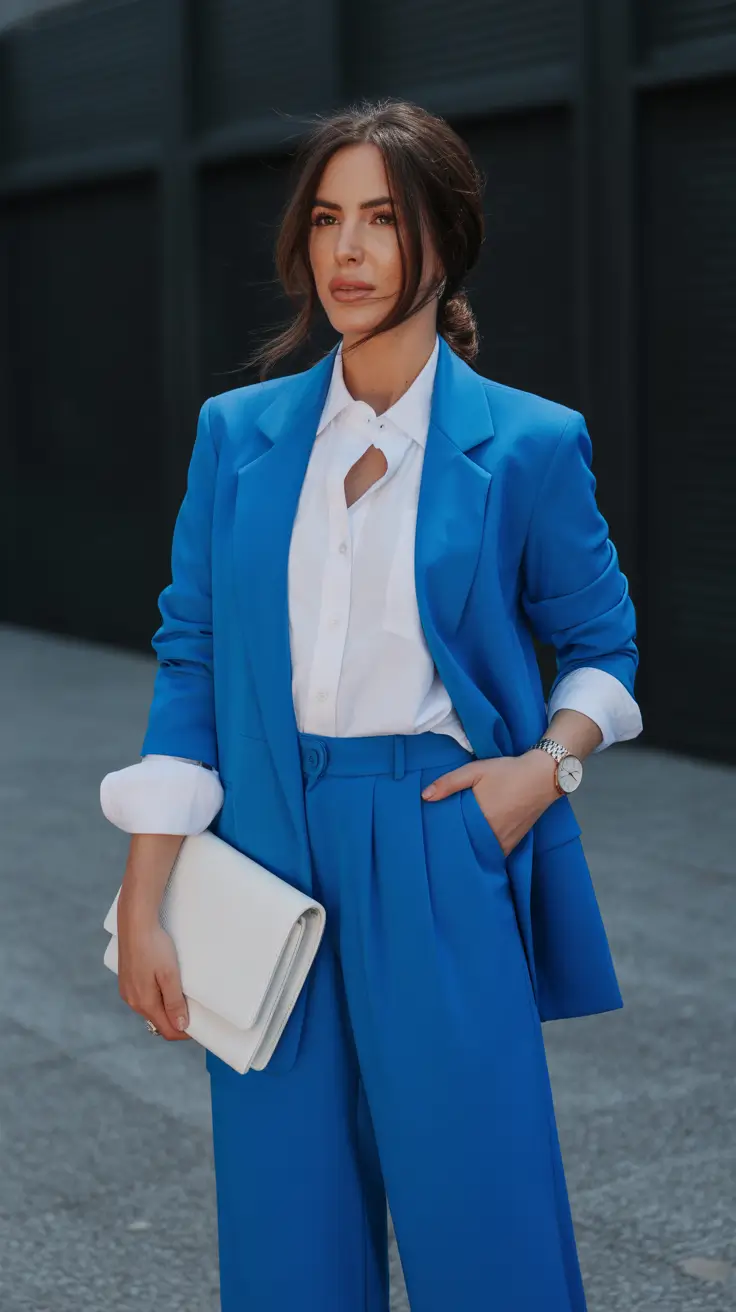 modern spring blazer outfits 2026 Bright Blue Suit With Crisp White Layers