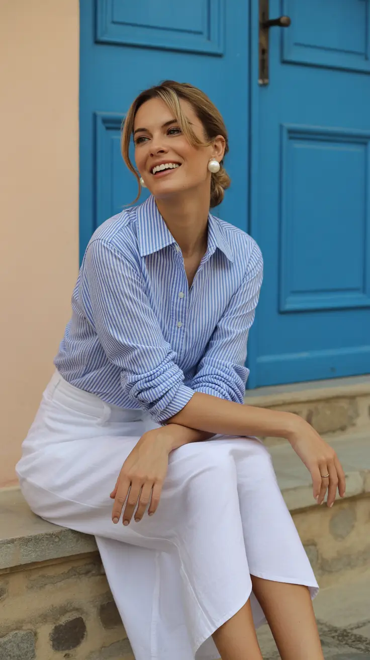 modern spring fashion outfits 2026 Fresh Blue Stripes and White Minimalism