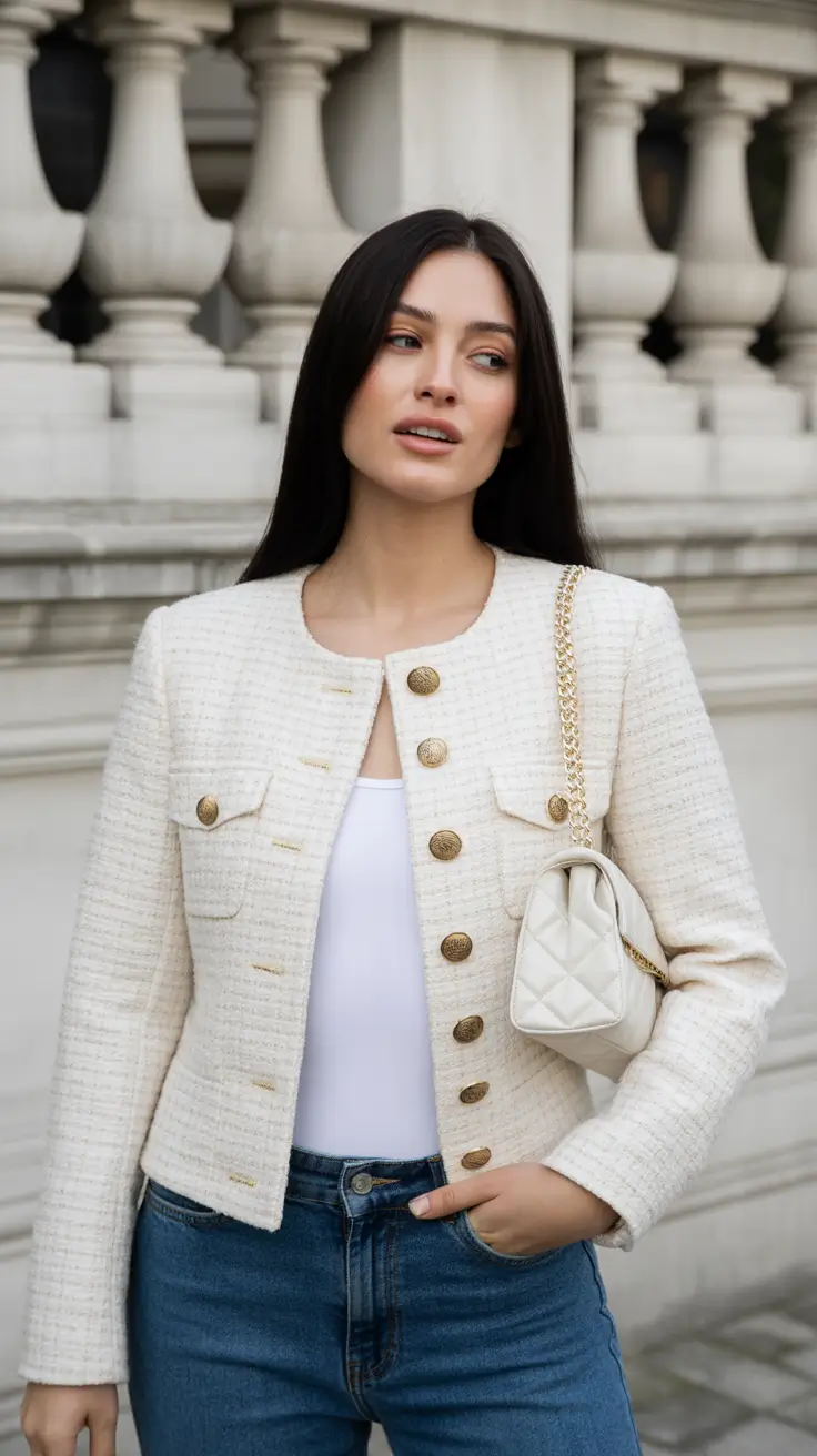 modern spring fashion outfits 2026 Crisp Parisian Tweed With Modern Casual Ease