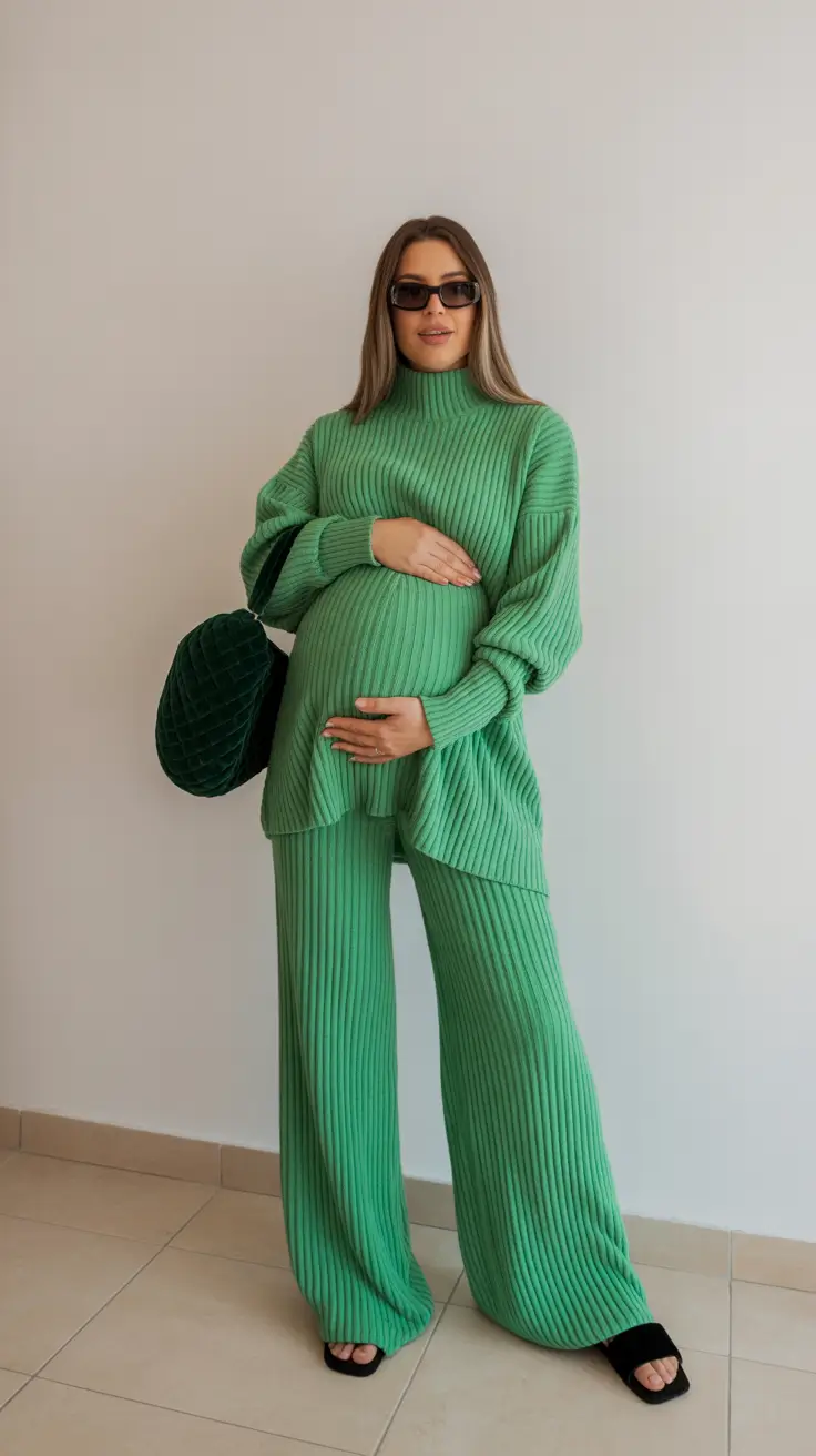modern spring outfit for pregnant women 2026 Soft Green Harmony for a Calm Spring Glow