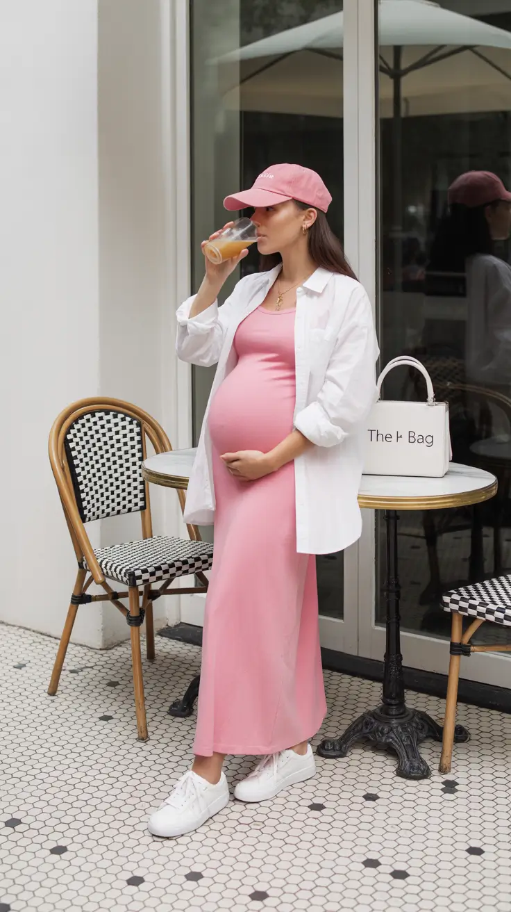 modern spring outfit for pregnant women 2026 Sporty Pink Ease for a Sweet Everyday Look