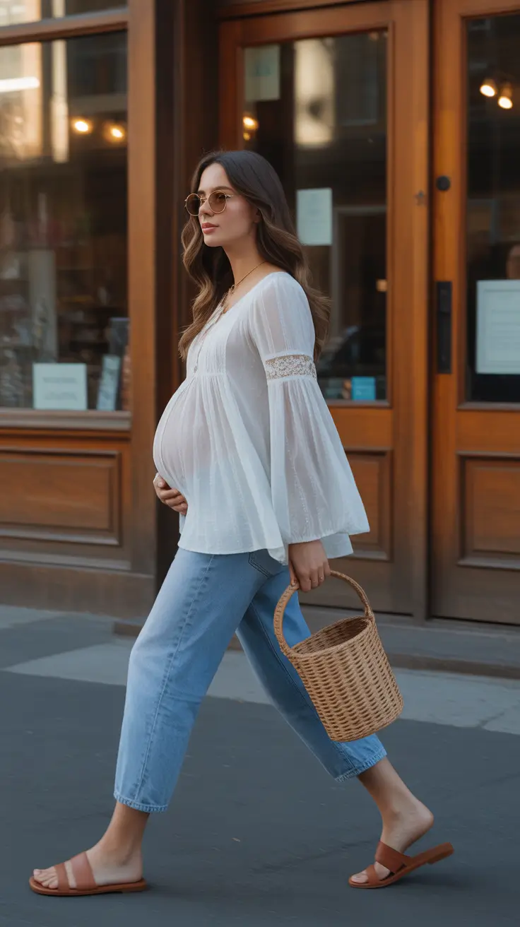 modern spring outfit for pregnant women 2026 Light Denim & Flowy White Blouse for Easy Spring Movement