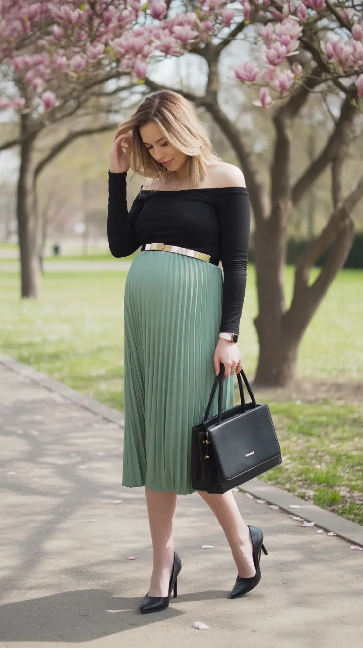 modern spring outfit for pregnant women 2026 Elegant Off-Shoulder Pairing With Sage Pleats