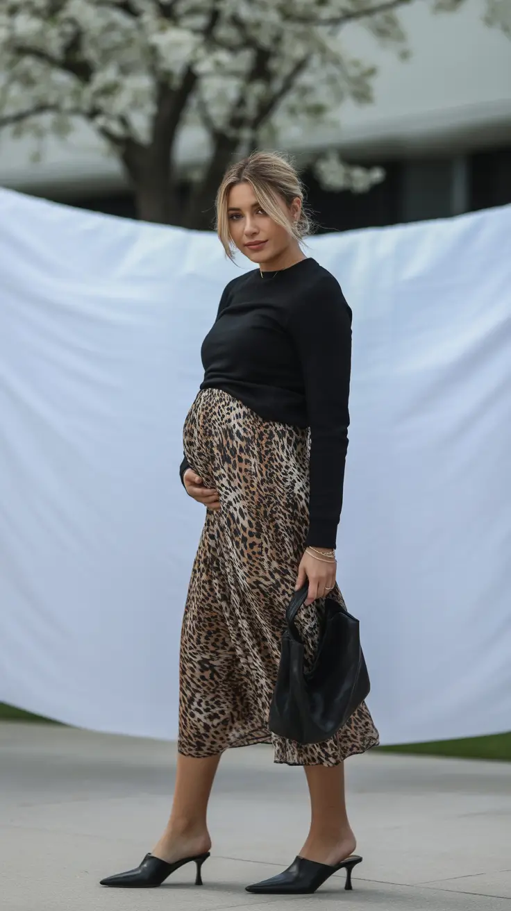 modern spring outfit for pregnant women 2026 Leopard Satin Skirt & Sleek Black Top for a Chic Spring Edge