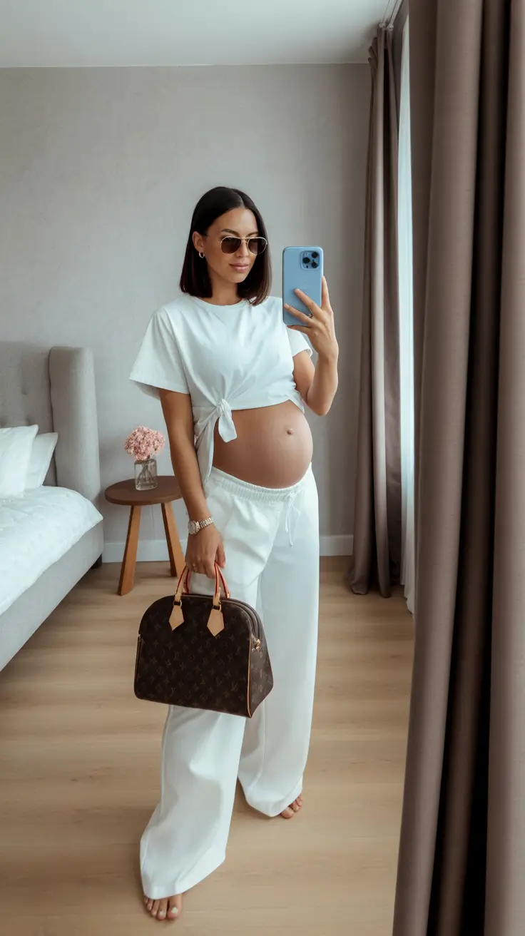 modern spring outfit for pregnant women 2026 All-White Ease With a Tied Tee & Relaxed Pants