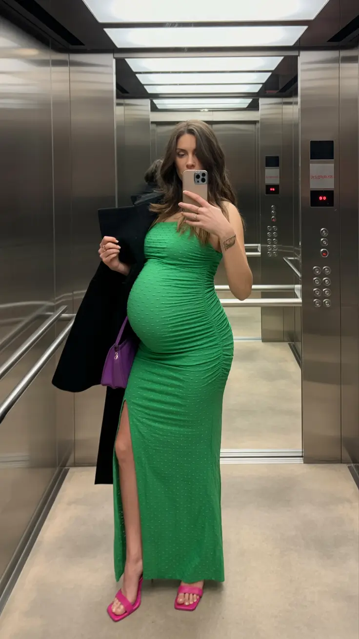 modern spring outfit for pregnant women 2026 Vibrant Green Evening Elegance With a Color-Pop Twist