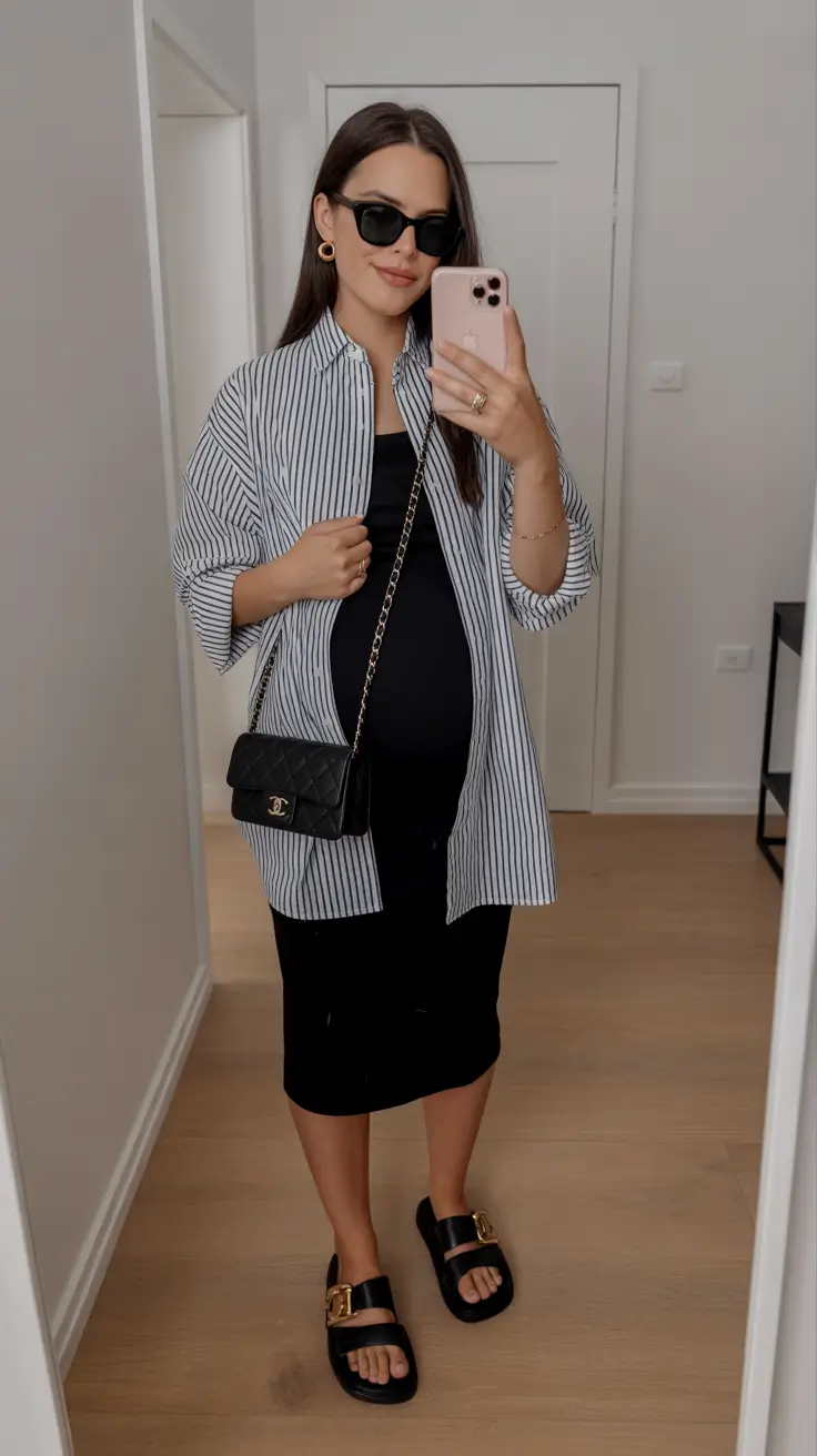 modern spring outfit for pregnant women 2026 Striped Layering With Chic Black Basics