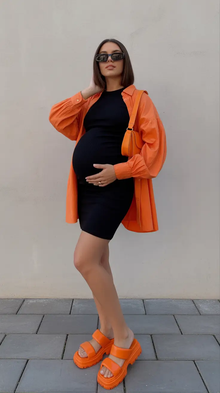 modern spring outfit for pregnant women 2026 Bold Orange & Black: A Confident Urban Spring Mix