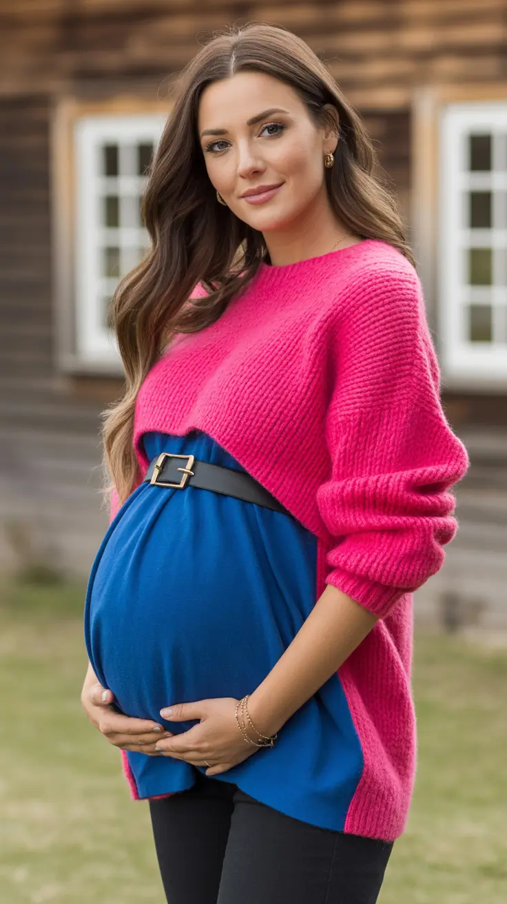 modern spring outfit for pregnant women 2026 Color-Blocked Comfort With a Chic Belt Accent