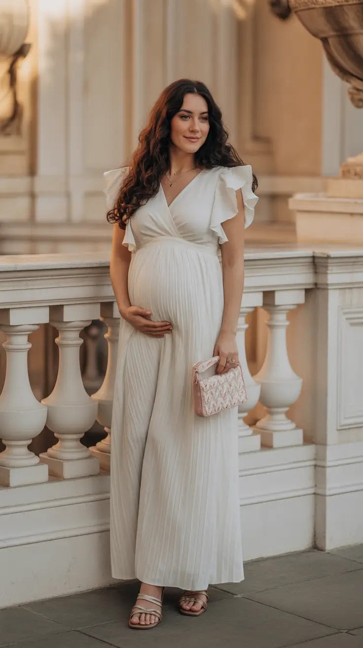 modern spring outfit for pregnant women 2026 Elegant White Pleats for Spring Evenings