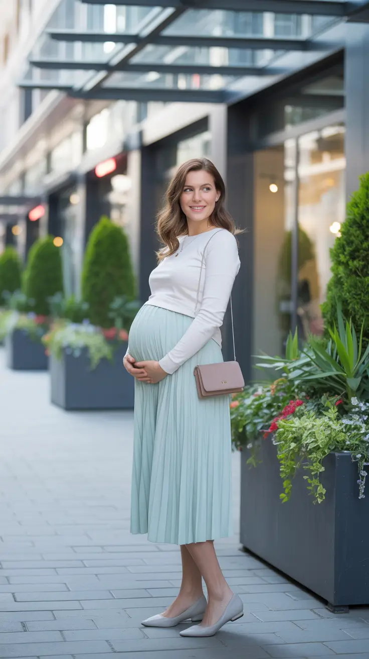 modern spring outfit for pregnant women 2026 Mint Pleats & Soft Neutrals for a Breezy Spring Stroll