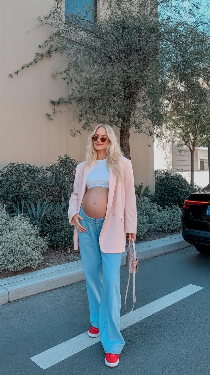 modern spring outfit for pregnant women 2026 Soft Blazer & Relaxed Denim for a Bright, Casual Spring Day