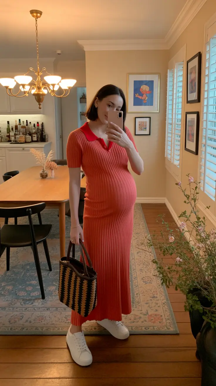 modern spring outfit for pregnant women 2026 Warm Ribbed Coral Dress for a Cozy Spring Indoors