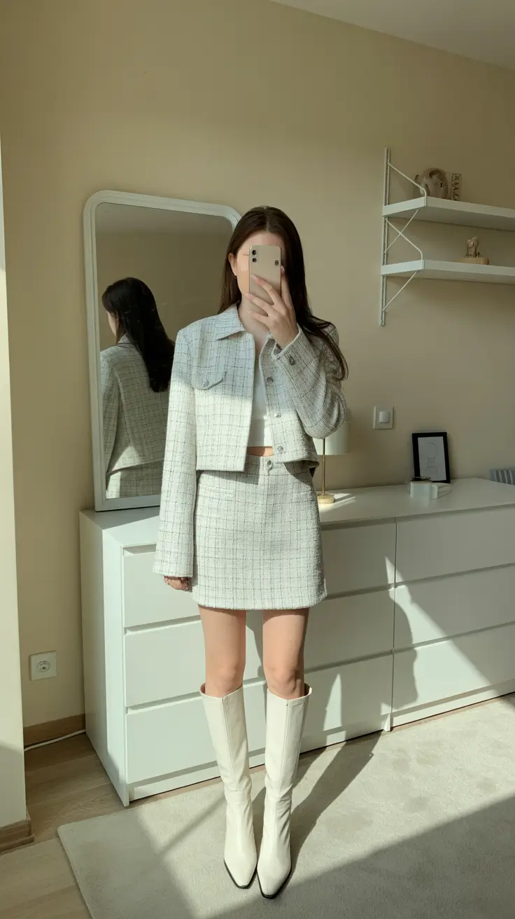 modest spring outfits for graduation 2026 Crisp Monochrome Tweed with Retro Graduate Charm