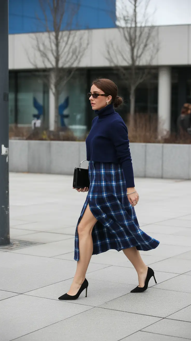 modest spring outfits for graduation 2026 Structured Navy Layers with a Modern Plaid Twist