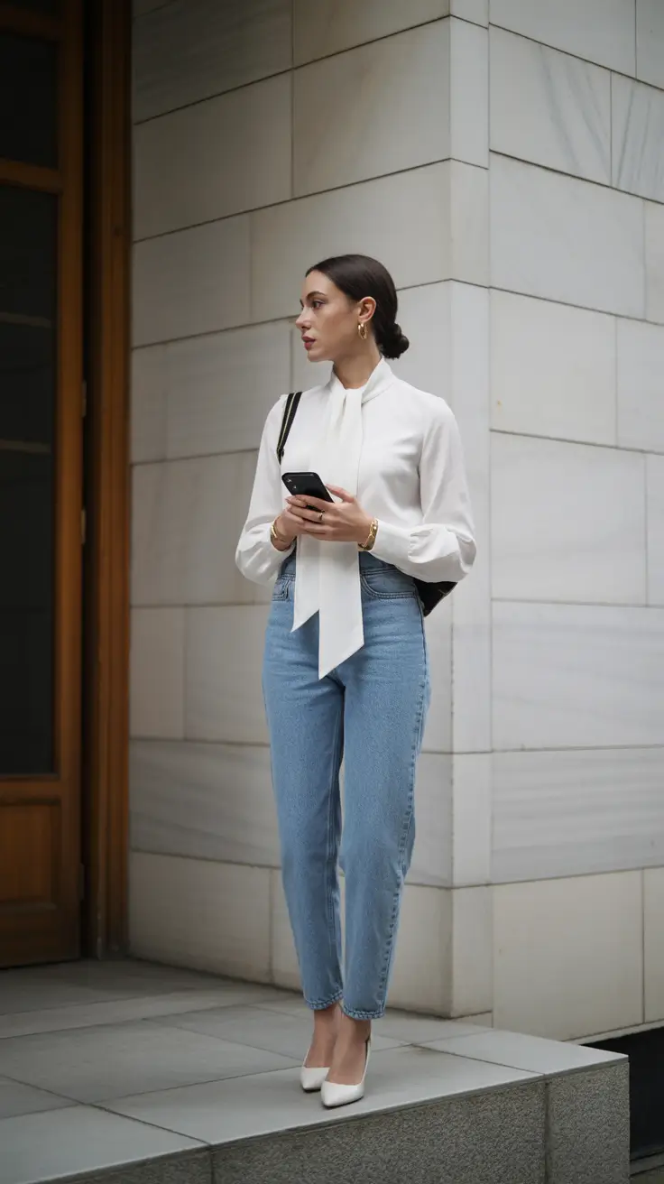 modest spring outfits for graduation 2026 Polished White Blouse with Tapered Denim Sophistication