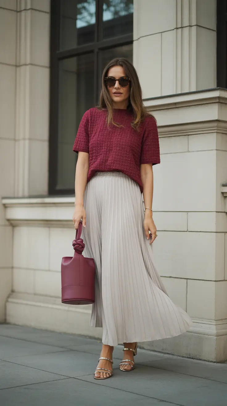 modest spring outfits for graduation 2026 Burgundy Texture with Flowing Pleats for Soft Spring Drama