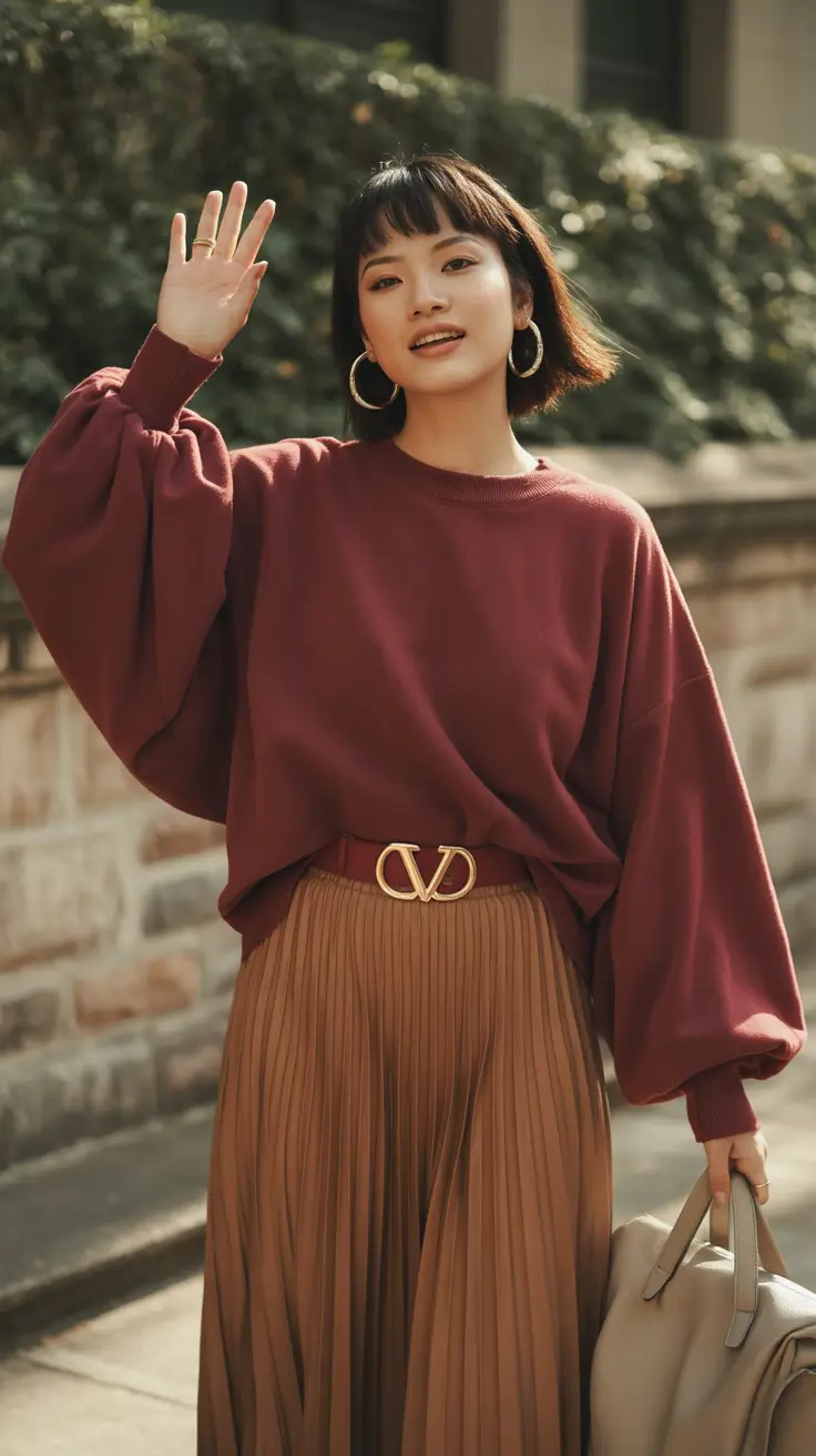 modest spring outfits for graduation 2026 Warm Burgundy Volume with Earthy Pleats for Soft Spring Confidence