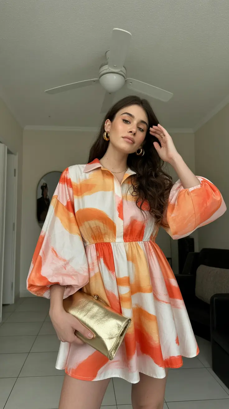 modest spring outfits for graduation 2026 Sunset-Toned Mini Dress with Feminine Ease