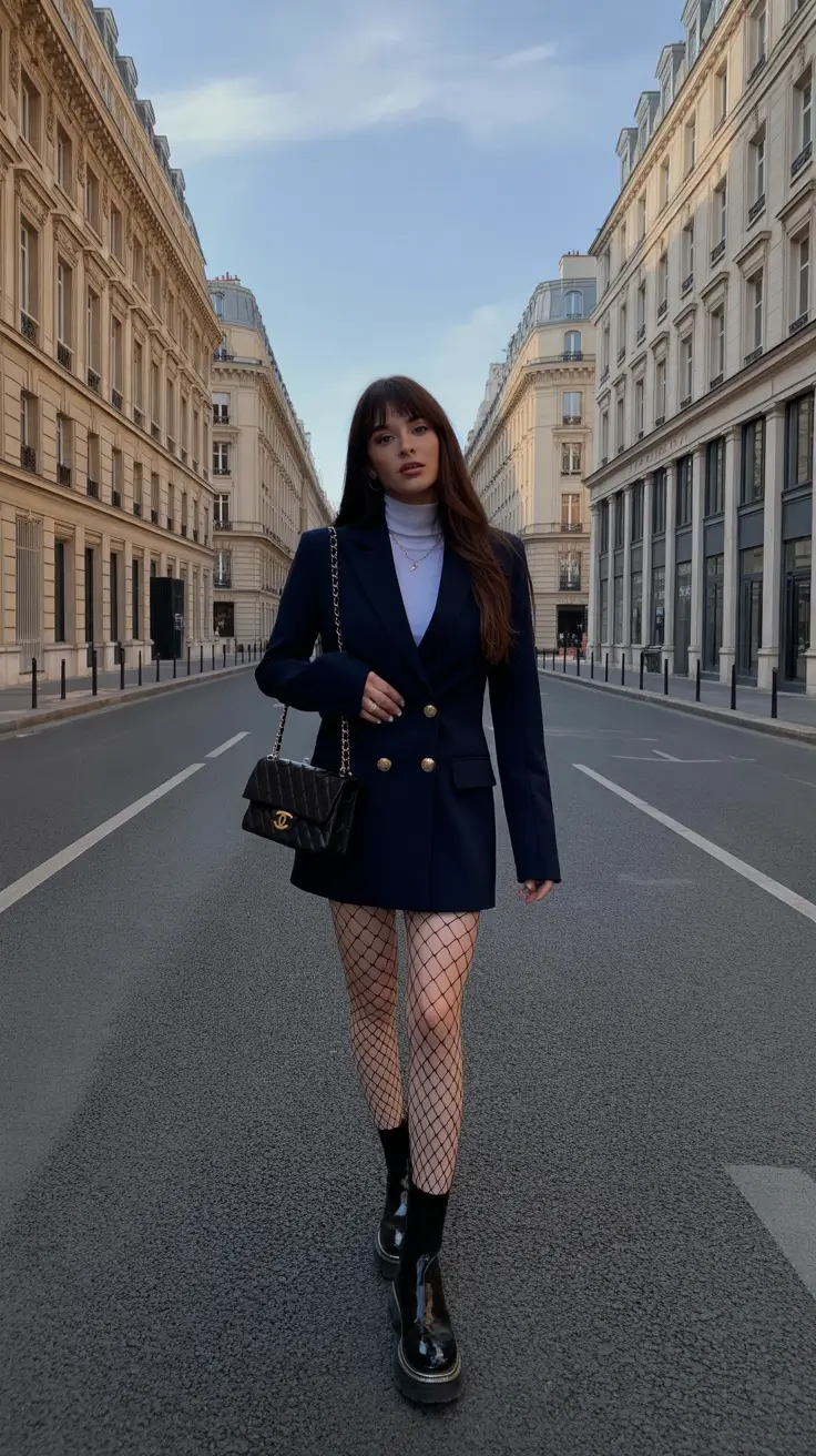 old money spring outfits 2026 style Navy Blazer Dress With Statement Tights