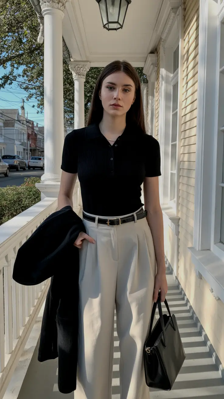 old money spring outfits 2026 style Black Ribbed Polo With Tailored Cream Trousers
