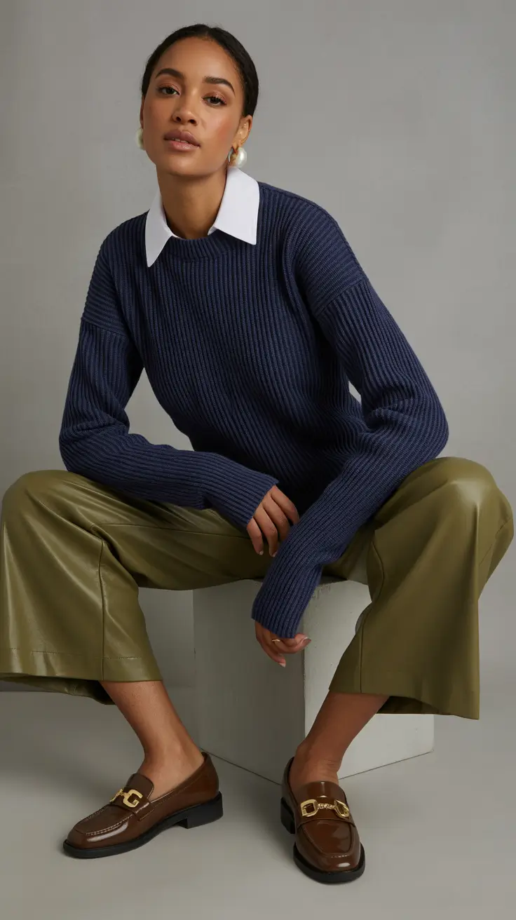 old money spring outfits 2026 style Navy Ribbed Knit With Crisp White Collar