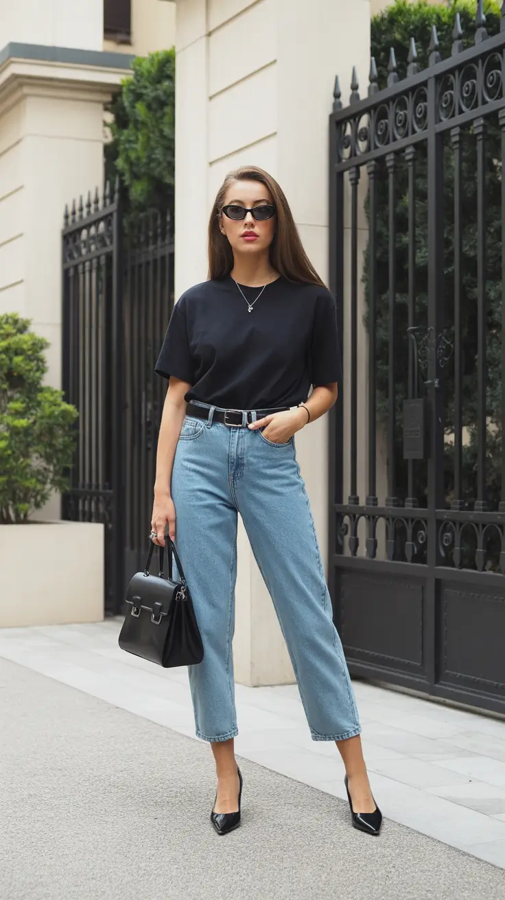 old money spring outfits 2026 style Black Tee, Clean Denim, and Sharp Accessories
