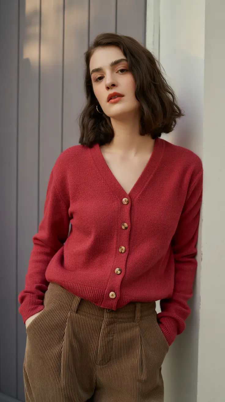 old money spring outfits 2026 style Soft Red Cardigan With Textured Browns