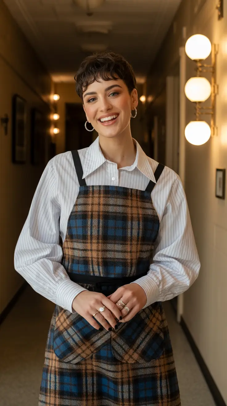 old money spring outfits 2026 style Plaid Jumper Dress Over a Striped Shirt