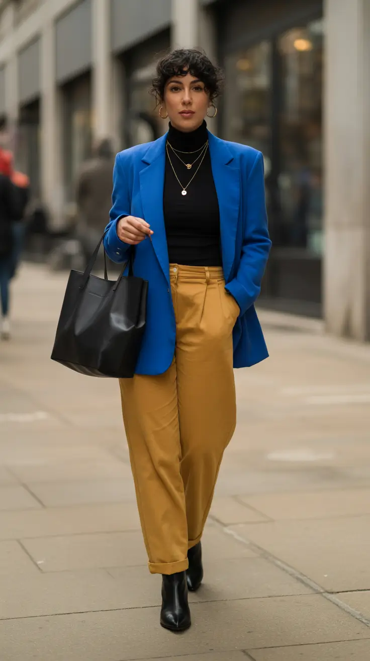 old money spring outfits 2026 style Bold Blue Blazer and Golden Trousers
