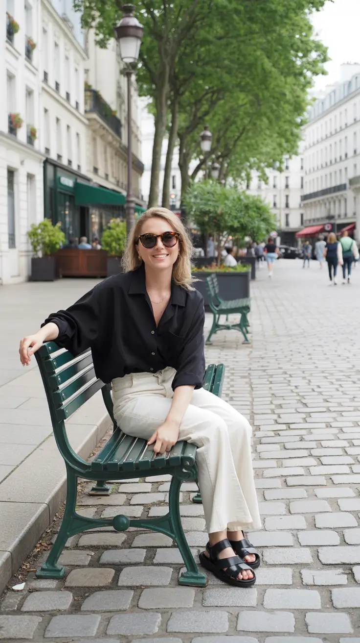 old money spring outfits 2026 style Black Button-Down With Cream Trousers for Parisian Ease