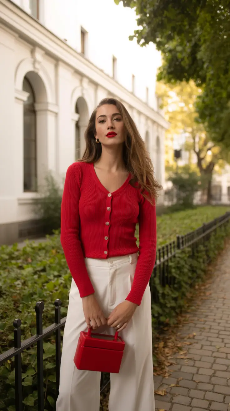 old money spring outfits 2026 style Red Ribbed Cardigan With Cream Trousers