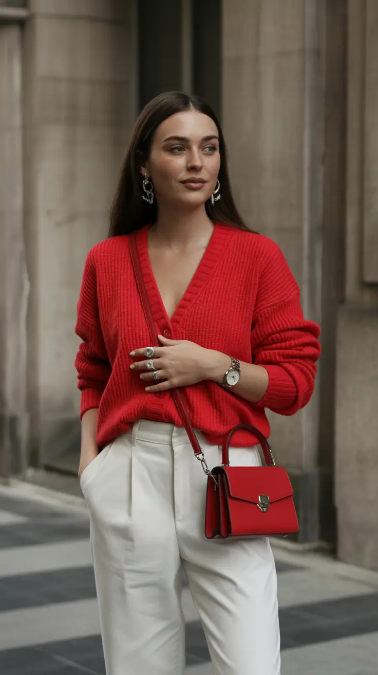 old money spring outfits 2026 style Vibrant Red Knit With Tailored Ivory Trousers