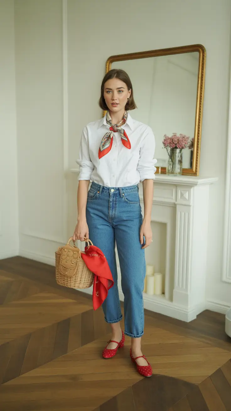 old money spring outfits 2026 style Cotton Shirt Elegance With Denim and Ballet Flats