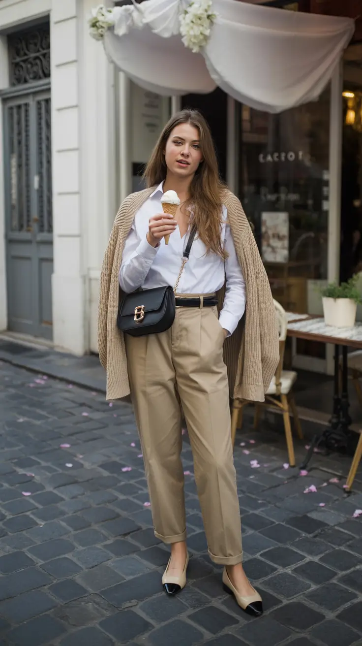 old money spring outfits 2026 style Beige Knit, White Shirt, and Tailored Trousers — The Soft Power Look