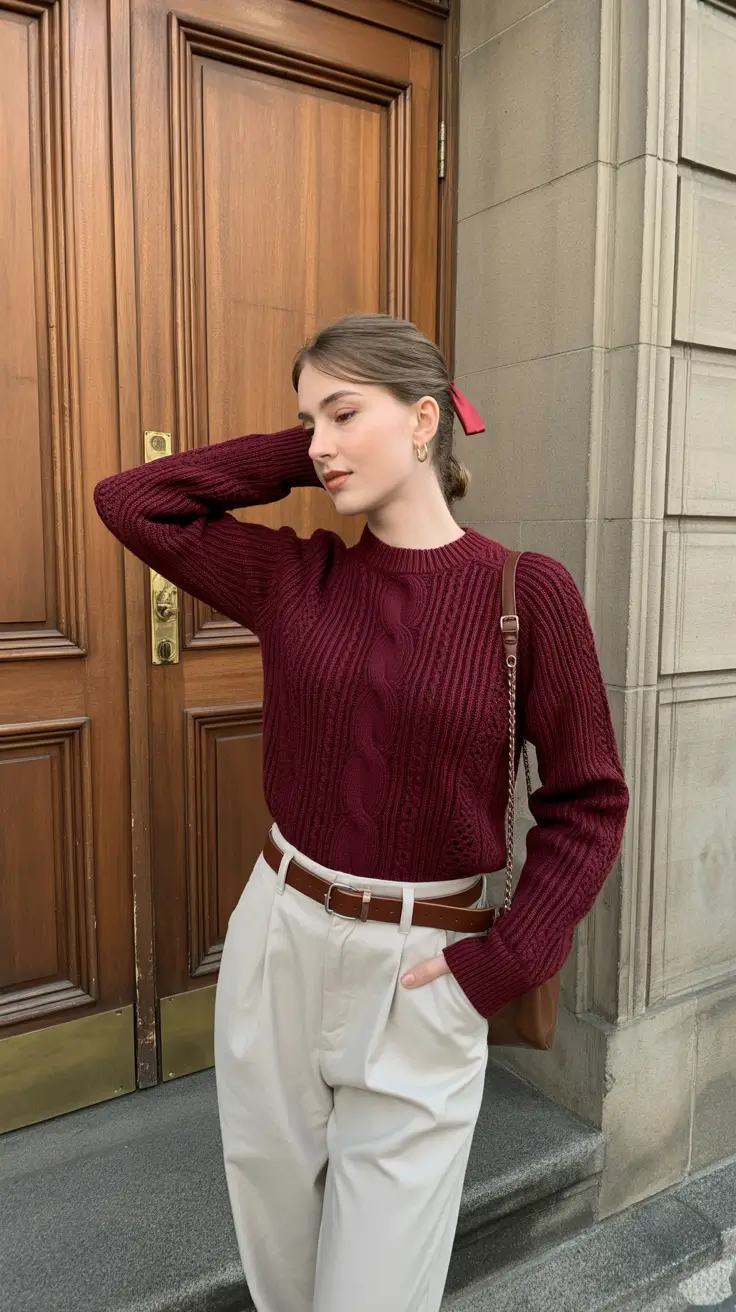 old money spring outfits 2026 style Deep Burgundy Knit for Soft Spring Evenings