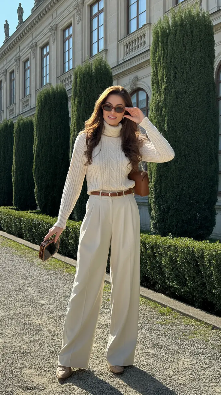 old money spring outfits 2026 style Cozy Cream Knit and Tailored Trousers in a Garden Setting