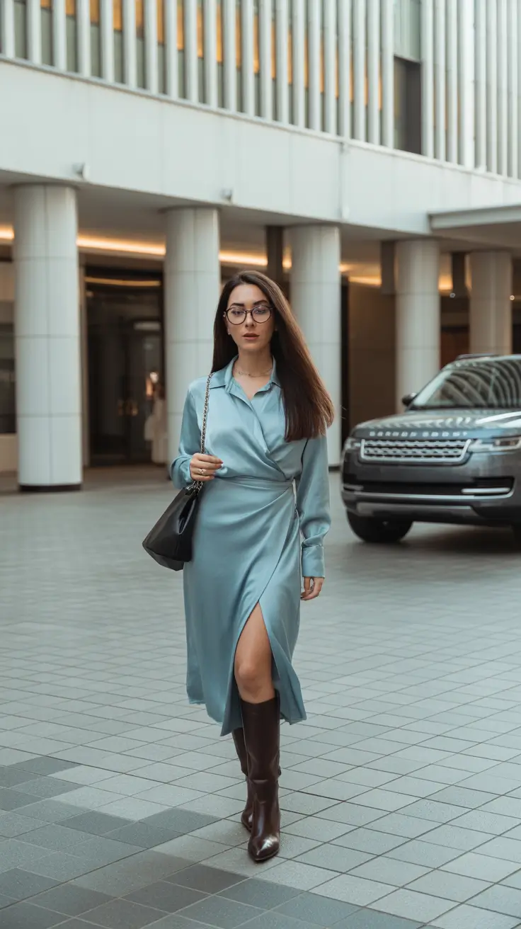 pastel spring birthday outfit 2026 Soft Blue Satin With City-Chic Confidence