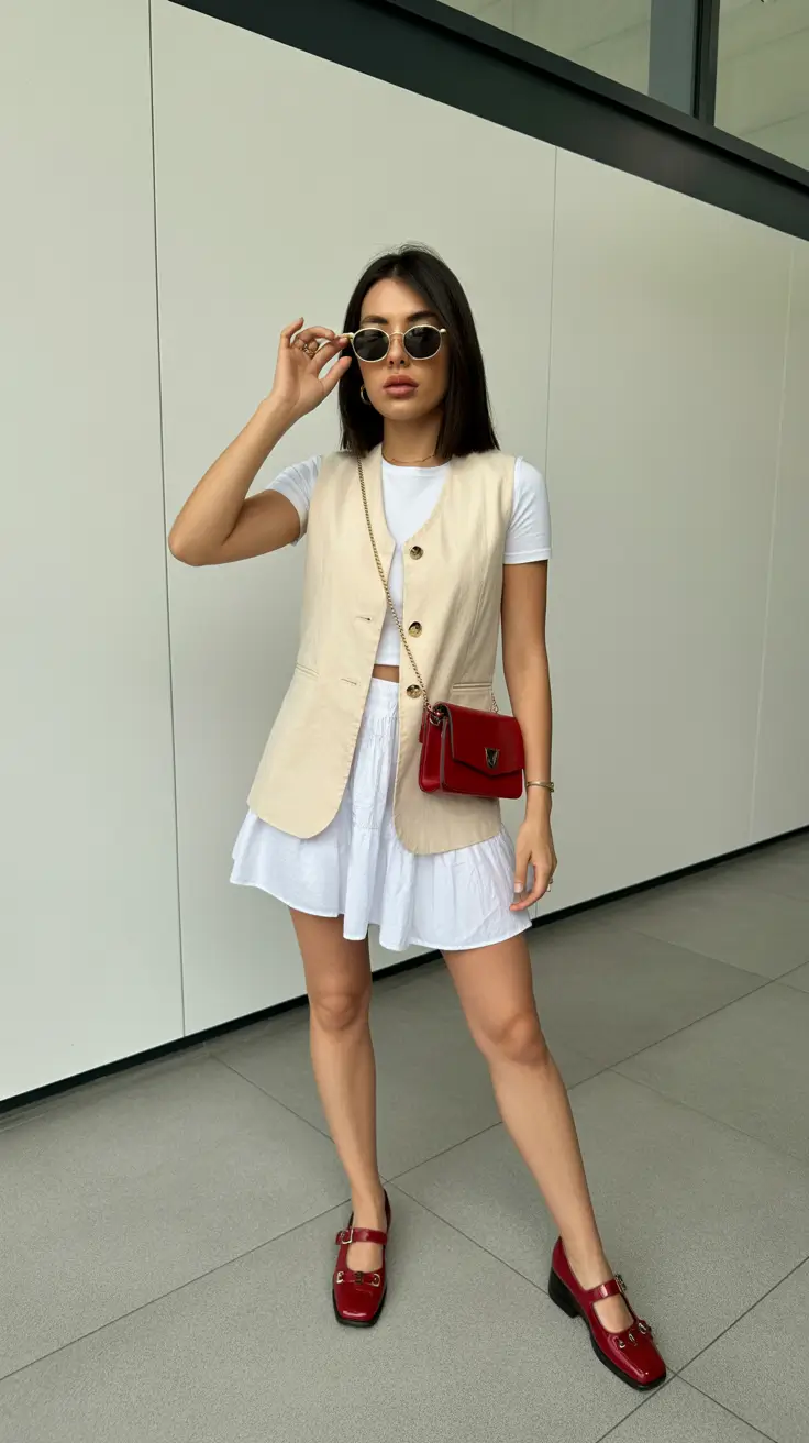 pastel spring birthday outfit 2026 Cream Vest & White Mini