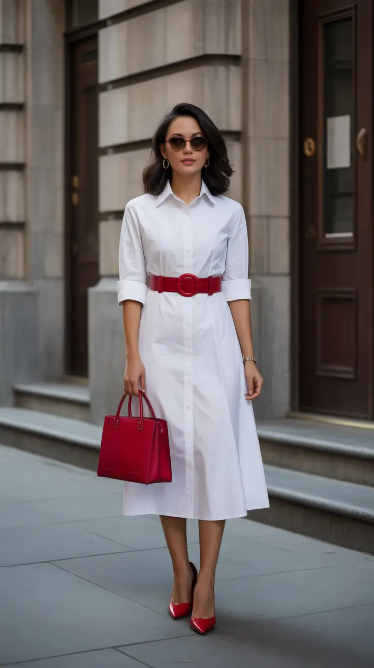 radiant spring formal outfits 2026 Crisp White Shirt Dress With Bold Red Accents