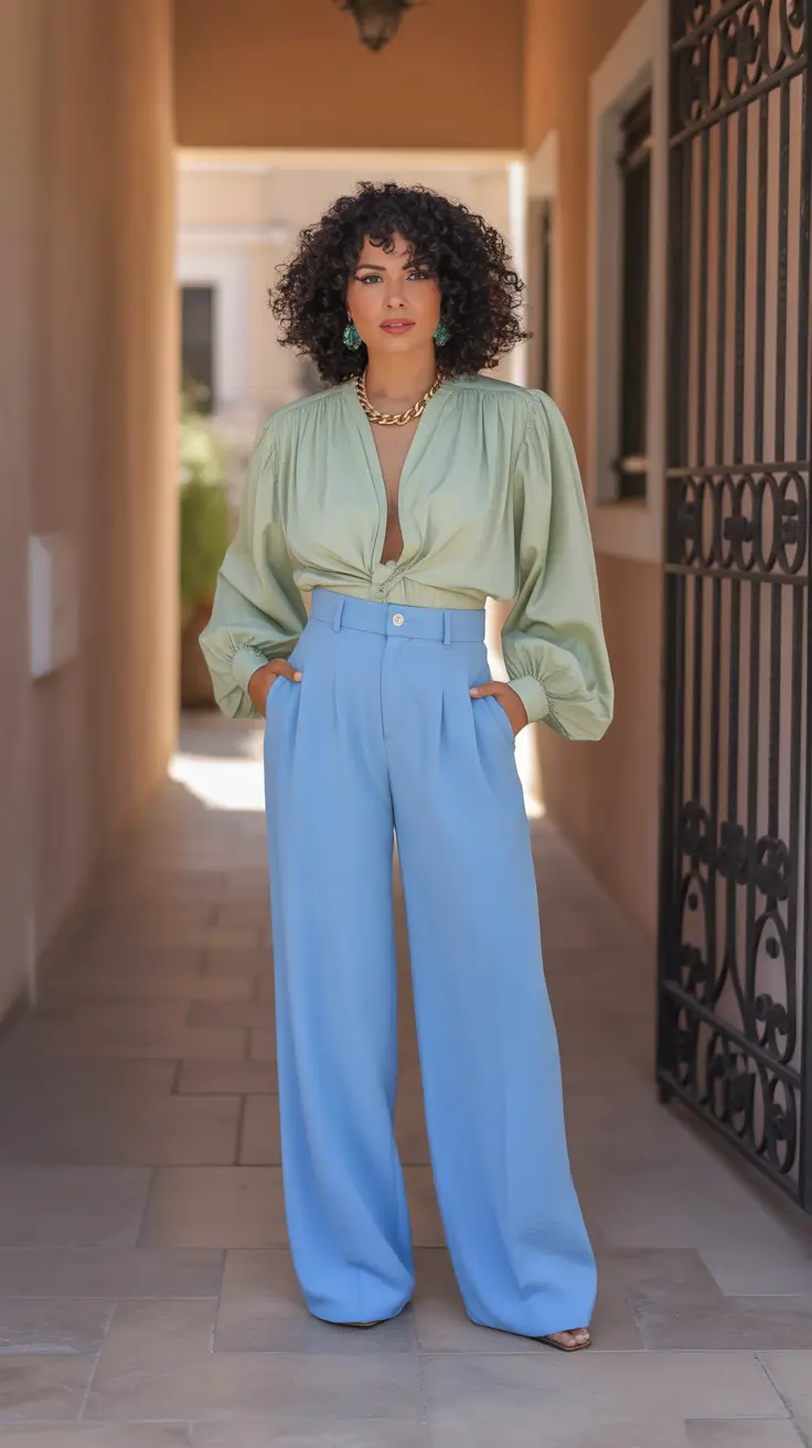 radiant spring formal outfits 2026 Soft Sage and Sky Blue Color Harmony