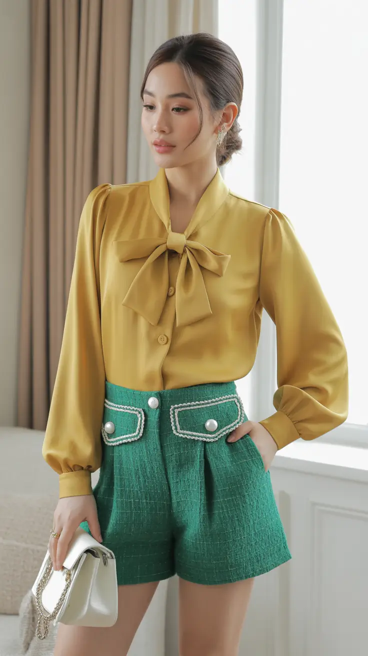radiant spring formal outfits 2026 Golden Silk With Vintage-Inspired Green Shorts