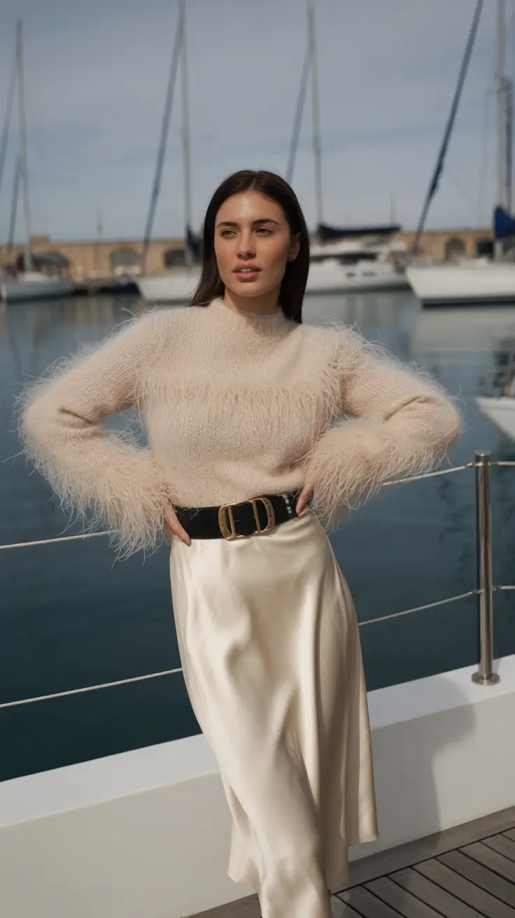 radiant spring formal outfits 2026 Feather-Trim Sweater and Satin Skirt at the Marina